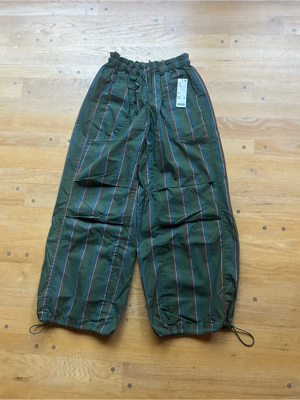 Urban Outfitters Green Striped Wide-Leg Drawstring Cargo Pants